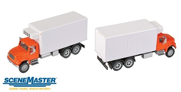 International(R) 4900 Dual-Axle Refrigerated Van - Assembled -- Orange Cab, White Body, HO, Walthers SceneMaster 11393