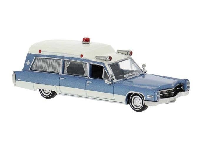 1966 Cadillac Meteor Ambulance - Assembled -- White, Blue, HO, Brekina Automodelle 19777