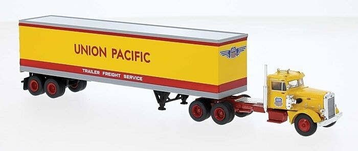 1955 Peterbilt 281 Semi Tractor with Van Trailer - Assembled -- Union Pacific (Armour Yellow, HO, Brekina Automodelle 85765