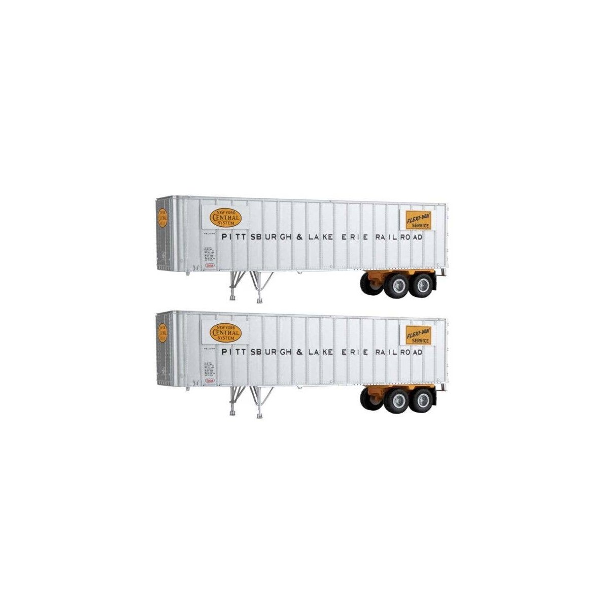 Flexi-Van 40′ Trailer 2-Pack - Assembled -- Pittsburgh & Lake Erie (yellow NYC logo, Flexi-Van placards end doors), HO, Walthe