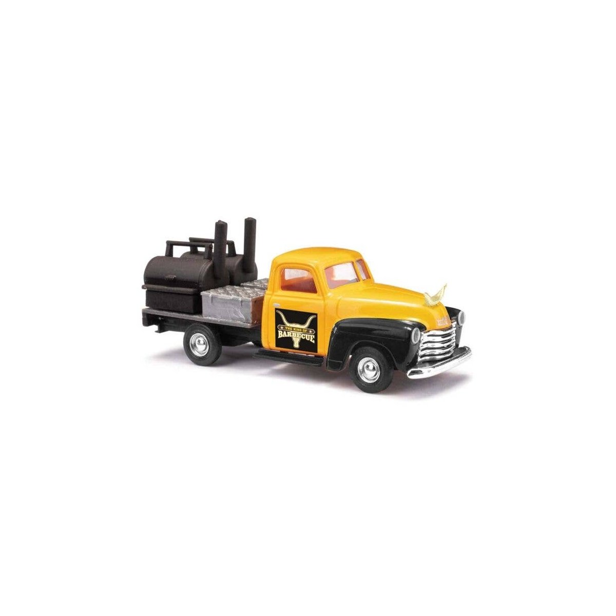 1950 Chevy Pickup Truck with BBQ Flatbed - Assembled -- King of Barbecue (yellow, black), HO, Busch Gmbh & Co Kg 48239