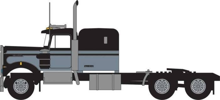 1970s Kenworth W900 Seminole Tractor w/60′ VIT Sleeper Cab - Assembled -- Black, Gray, N, Trainworx Inc 49041