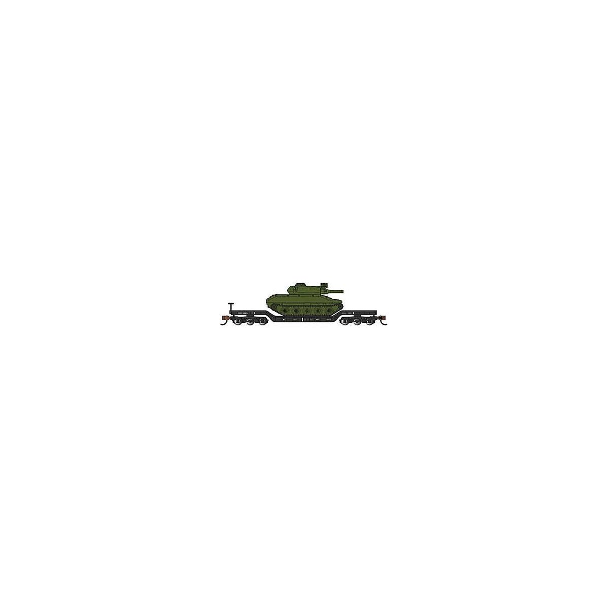 52′ Deressed-Center Flatcar with Sheridan Tank - Ready to Run -- United States Army (Black Flatcar, Green Tank), N, Bachmann I
