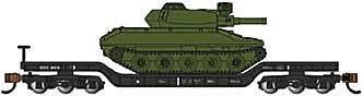 52′ Deressed-Center Flatcar with Sheridan Tank - Ready to Run -- United States Army (Black Flatcar, Green Tank), N, Bachmann I