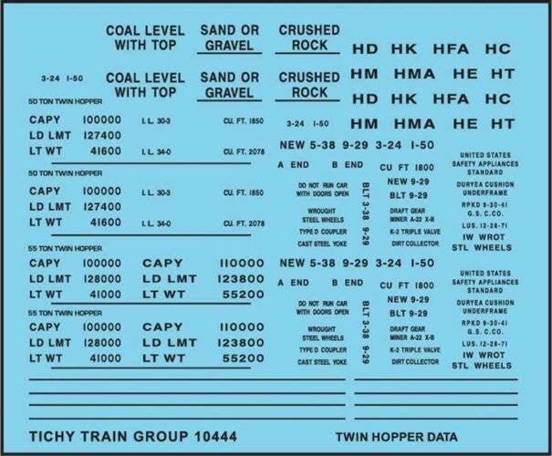 Railroad Decal Set -- 2-Bay Twin Hopper Data, Gothic Lettering (black), HO, Tichy Train Group 10444