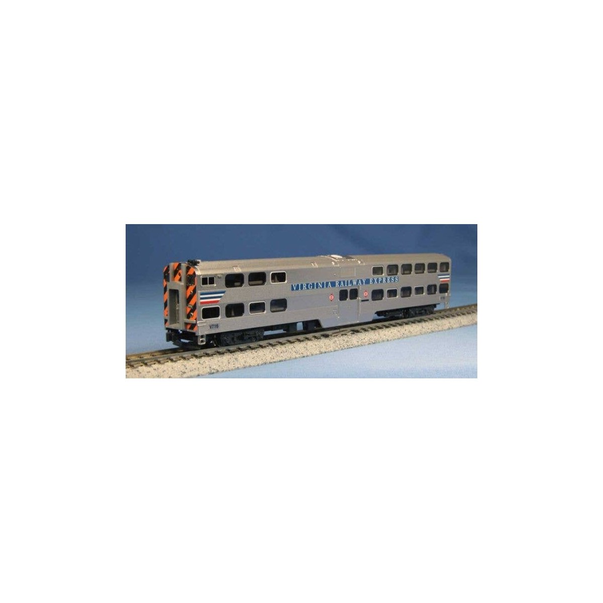 Nippon-Sharyo Gallery Bi-Level Commuter Cab Coach, DCC Lighting - Ready to R -- Virginia Railway Express V716 (silver, blue, red