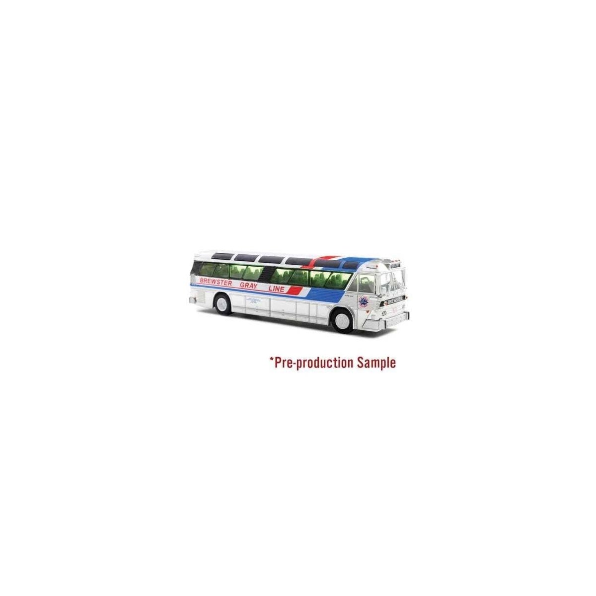 1964 MCI MC-5A Coach Bus - Assembled -- Brewster Gray Line (silver, white, blue, red), HO, Iconic Replicas 870628