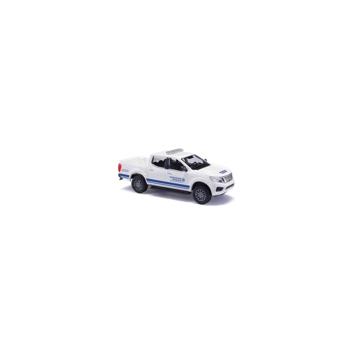 2015 Nissan Navara/Frontier Crew-Cab Pickup Truck - Assembled -- THW (white, blue, German Let, HO, Busch Gmbh & Co Kg 53723