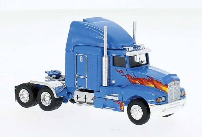 1984 Kenworth T600 Sleeper-Cab Tractor Only - Assembled -- Blue, Orange Flames, HO, Brekina Automodelle 85934