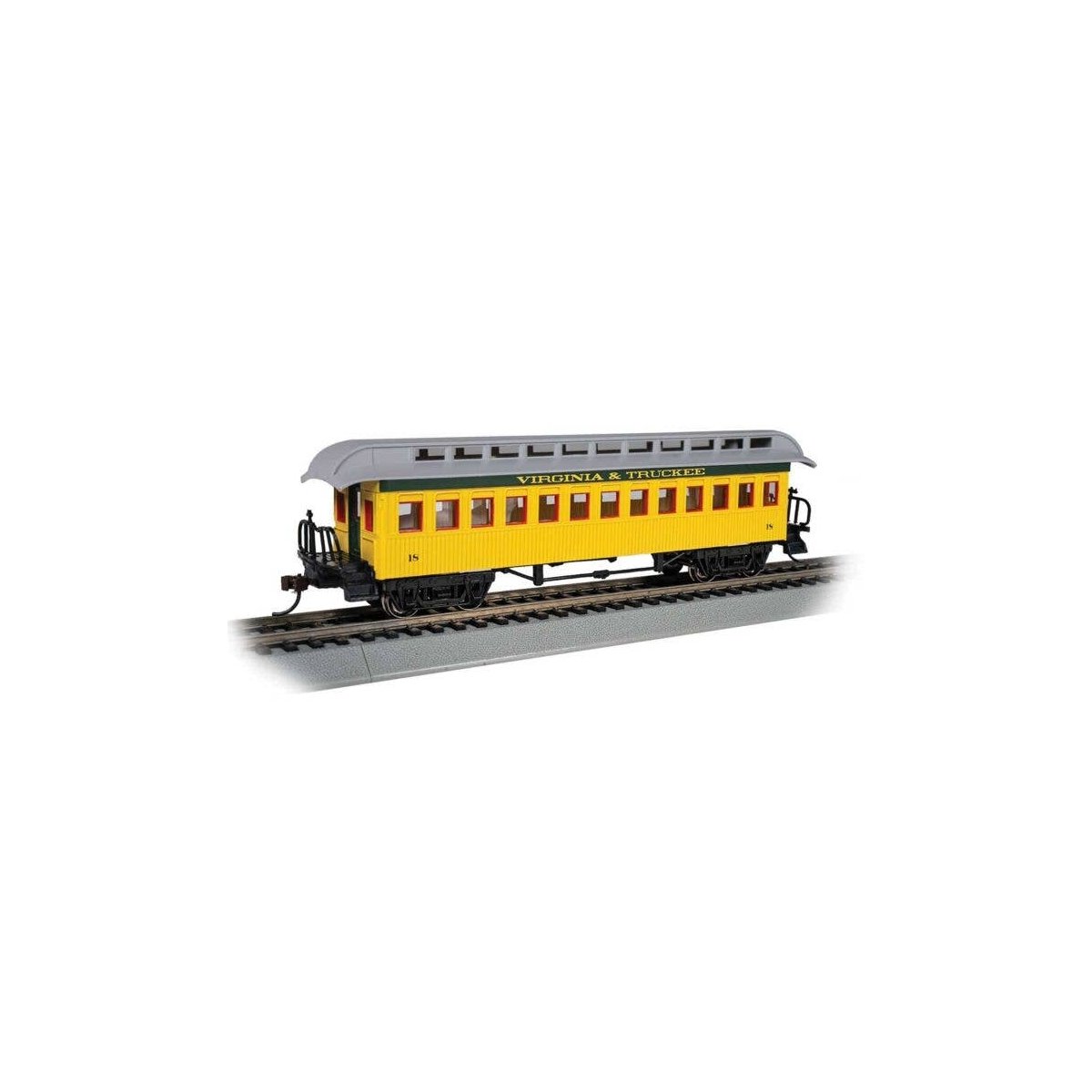 Old Time Wood Coach with Round-End Clerestory Roof - Ready to Run -- Virginia & Truckee (yellow, green), HO, Bachmann Industries