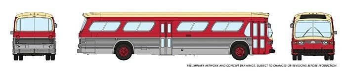 1959-1986 GM New Look-Fishbowl Bus with Working Headlights - Assembled -- Toronto (maroon, silver, yellow), N, Rapido Trains Inc