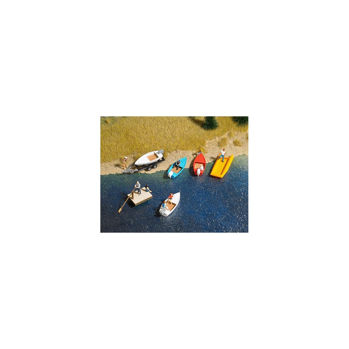 Boat/Raft Set w/Trailer - Kit -- 4 Boats, 1 Raft, HO, Busch Gmbh & Co Kg 1157