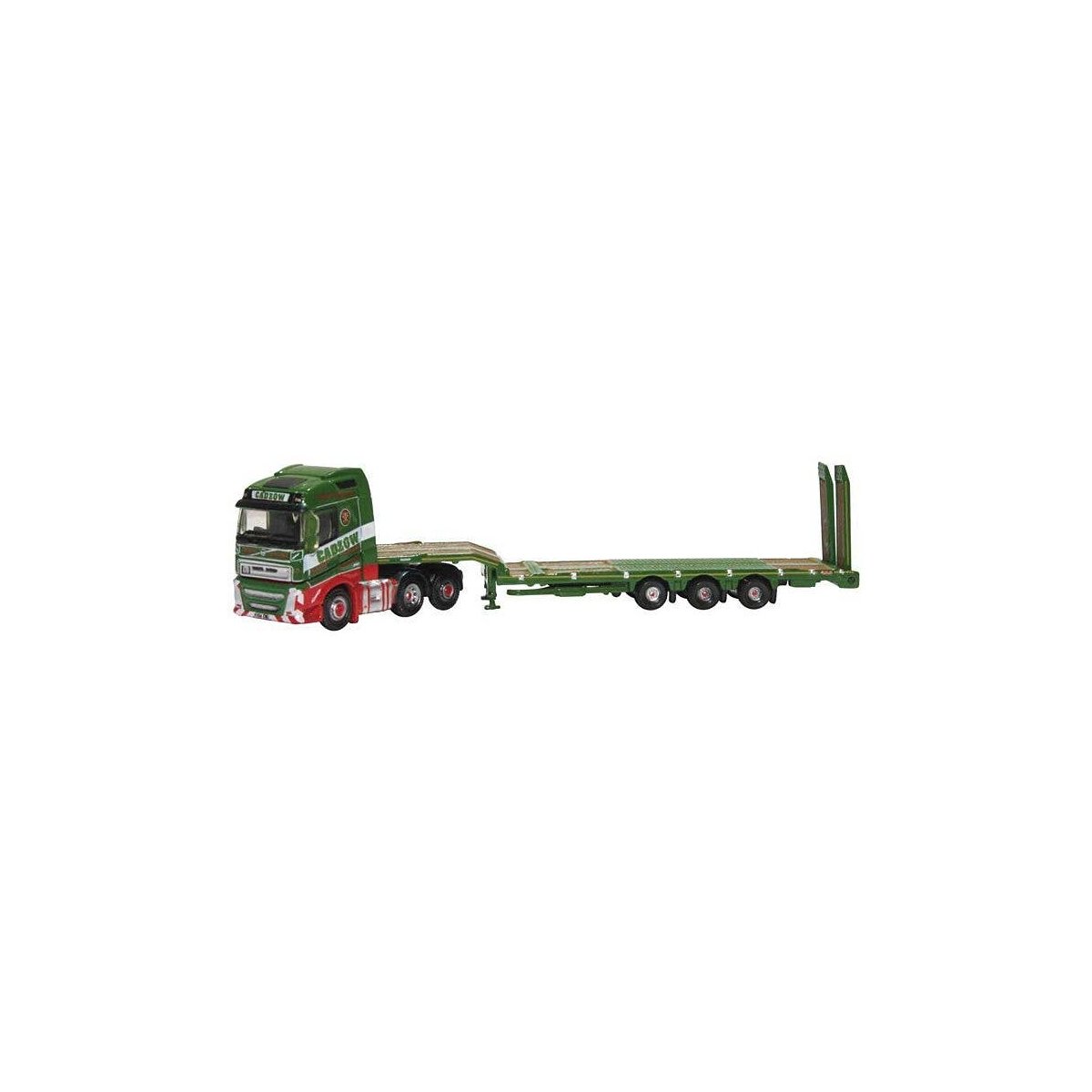 2012 Volvo FH4 with Nooteboom 3-Axle Low Loader Trailer - Assembled -- Cadzow (green, red, whit, N, Oxford Diecast NVOL4007
