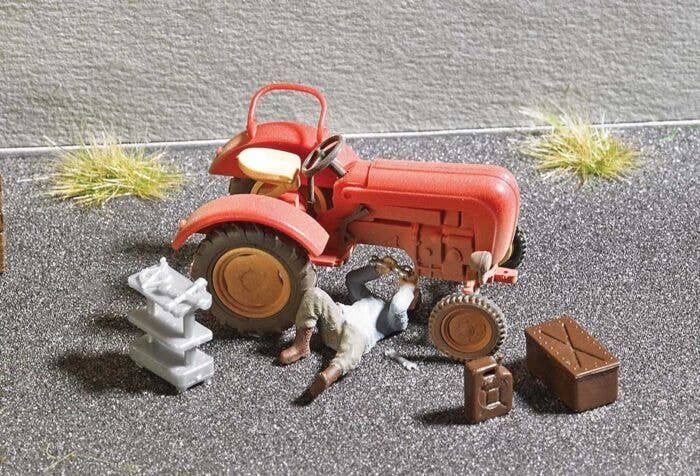 Tractor Repair - Action Set -- Tractor, Tool Cart, Toolbox, Container, HO, Busch Gmbh & Co Kg 7937