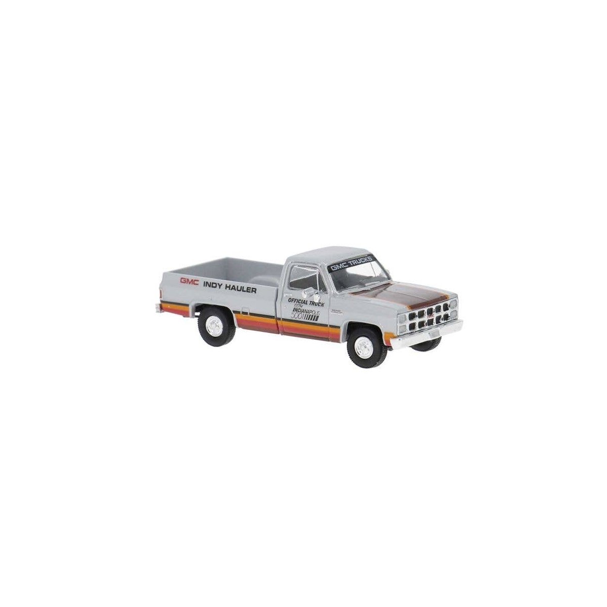 1981 GMC Sierra Grande Pickup Truck - Assembled -- Indy Hauler (silver, orange, black), HO, Brekina Automodelle 19657