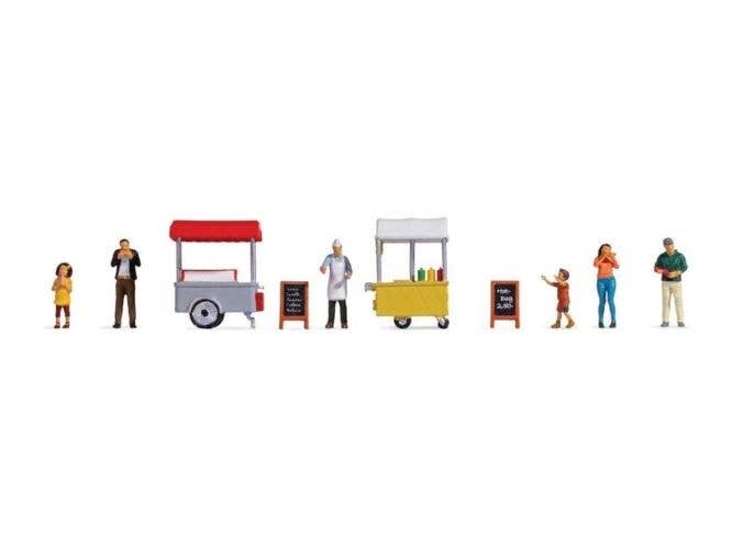 Ice Cream and Hotdog Carts -- 6 Figures, 2 Carts, 2 Signs, HO, Noch Gmbh & Co 16229