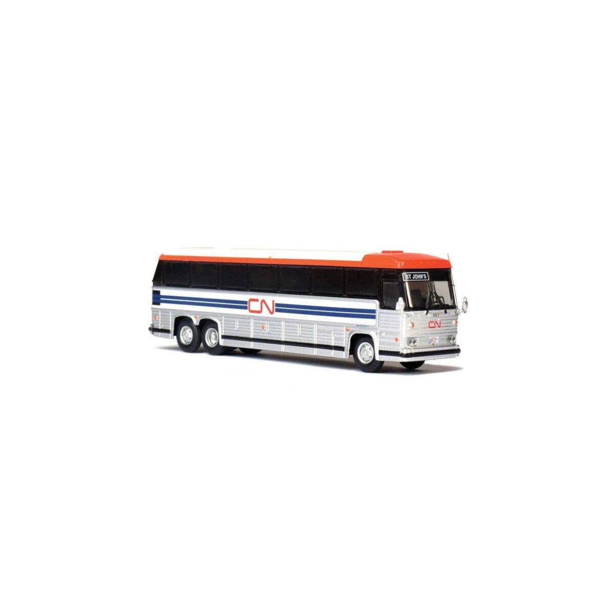 1984 MCI MC-9 Motorcoach Bus - Assembled -- Canadian National (silver, white, blue, red), HO, Iconic Replicas 870323