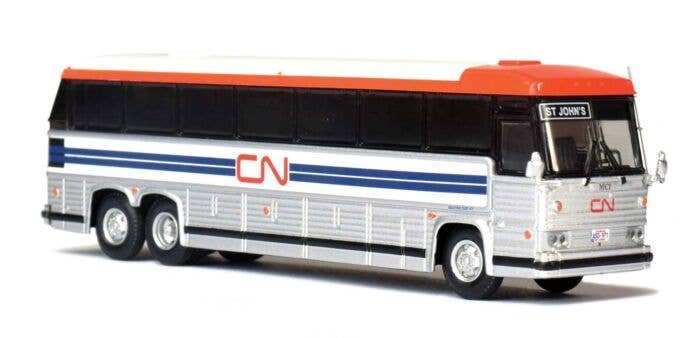 1984 MCI MC-9 Motorcoach Bus - Assembled -- Canadian National (silver, white, blue, red), HO, Iconic Replicas 870323