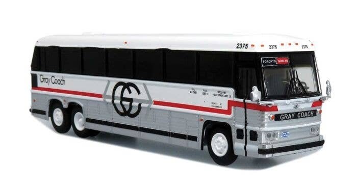 1985 MCI MC-9 Motorcoach Bus - Assembled -- Gray Coach (white, red, gray), HO, Iconic Replicas 870330