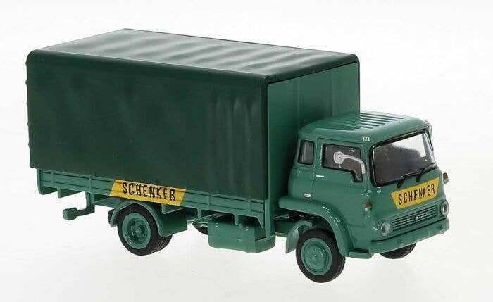 Bedford Low-Side Truck with Canvas Cover - Assembled -- Schenker (green, yellow German Lettering), HO, Brekina Automodelle 35902