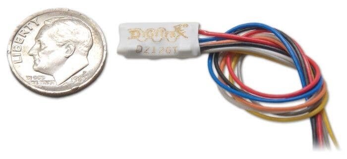 DZ126T Tiny Series 6 Control Decoder -- 2 Functions, Wired, .55 x .28 x .128′ 14 x 7.13 x 3.2, All Scales, Digitrax DZ126T