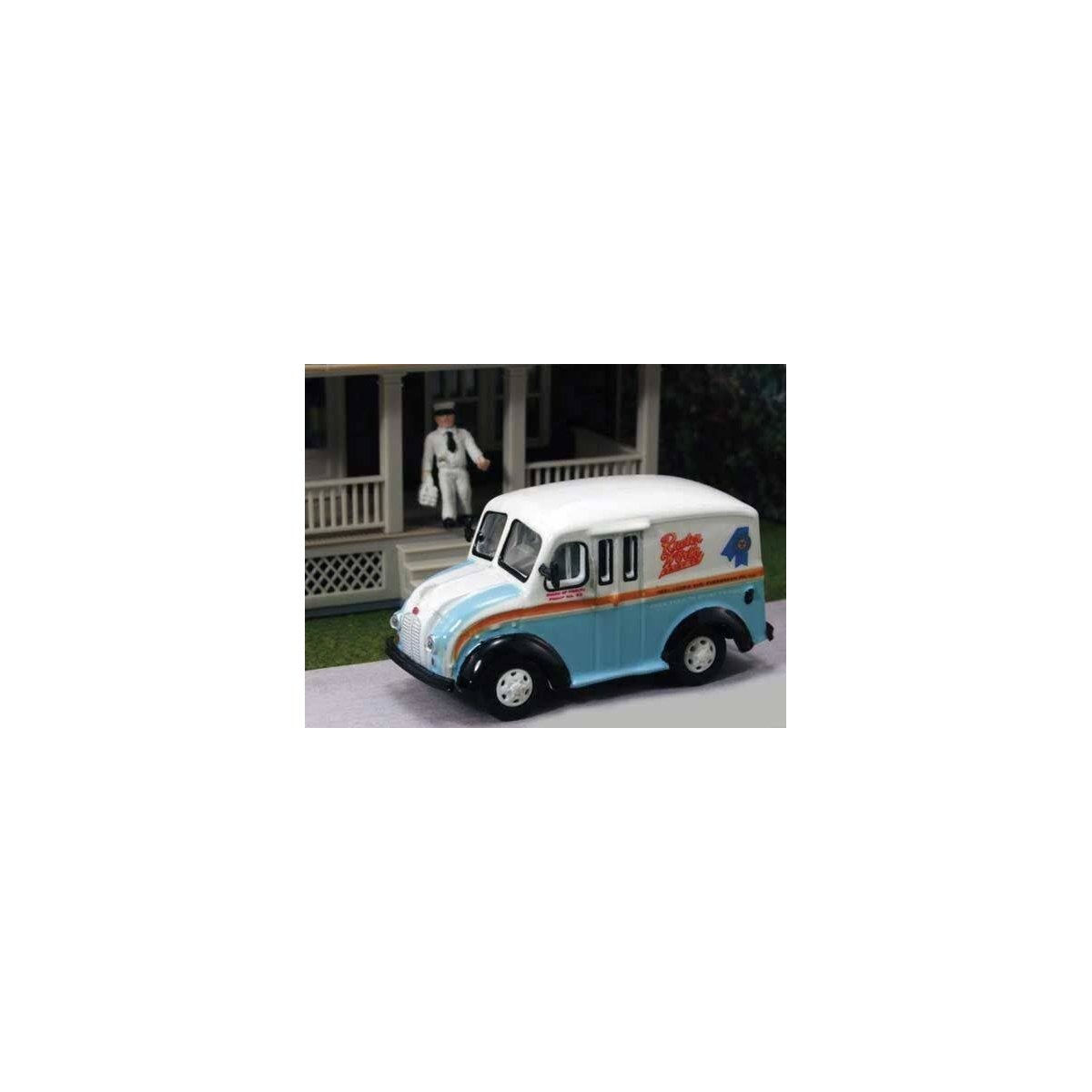 Divco Milk Delivery Truck w/Milkman Figure - Assembled -- Rueter Worth Dairy (blue, white, orange), HO, William Tell Internation