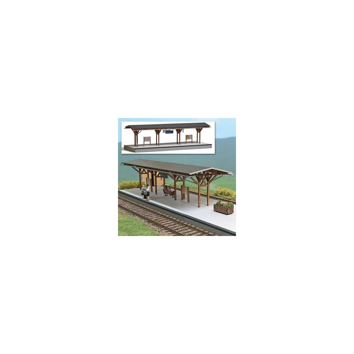 Adorf Station Platform w/Wood Canopy -- Laser-Cut Wood & Card Kit - 15-3/16 x 5-15/16 x 4-9/16′ 38.5 x 15 x 11.6cm, O, Busch G