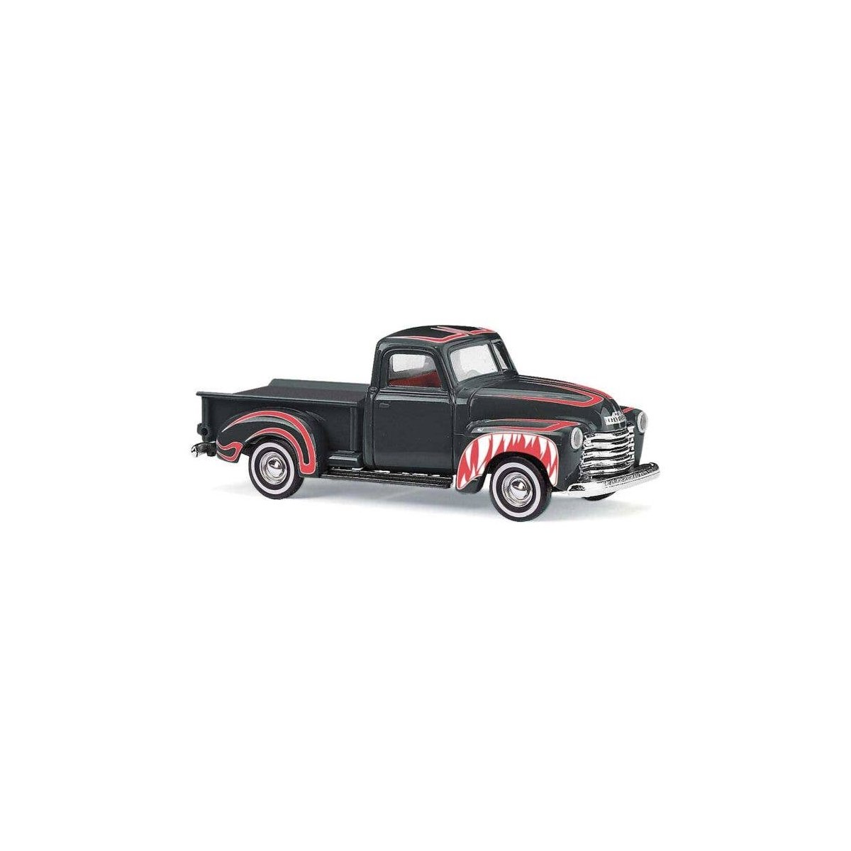 1950 Chevrolet Pickup Truck - Assembled -- Crazy Car Haifisch (black, red, white), HO, Busch Gmbh & Co Kg 48241