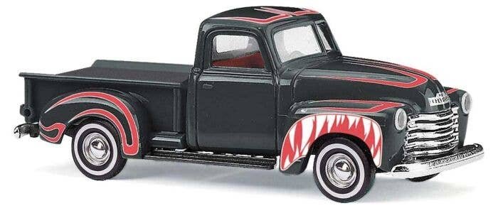 1950 Chevrolet Pickup Truck - Assembled -- Crazy Car Haifisch (black, red, white), HO, Busch Gmbh & Co Kg 48241