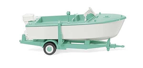 1961-1965 Motor Boat on Trailer - Assembled -- White, Mint Green, HO, Wiking 9503