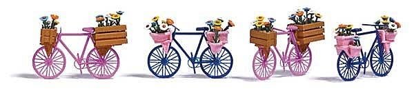 4 Bicycles with Flower Baskets -- 2 Each Pink, Blue, HO, Busch Gmbh & Co Kg 1820