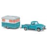 1950 Chevrolet Pickup Truck with Nagetusch Camper Trailer - Assembled -- Teal, HO, Busch Gmbh & Co Kg 48243