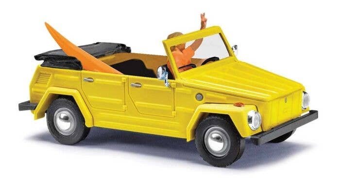 1970 Volkswagen Thing (181 Courier Wagon) - Assembled -- Top Down (yellow w/Driver and Surfboard), HO, Busch Gmbh & Co Kg 52721