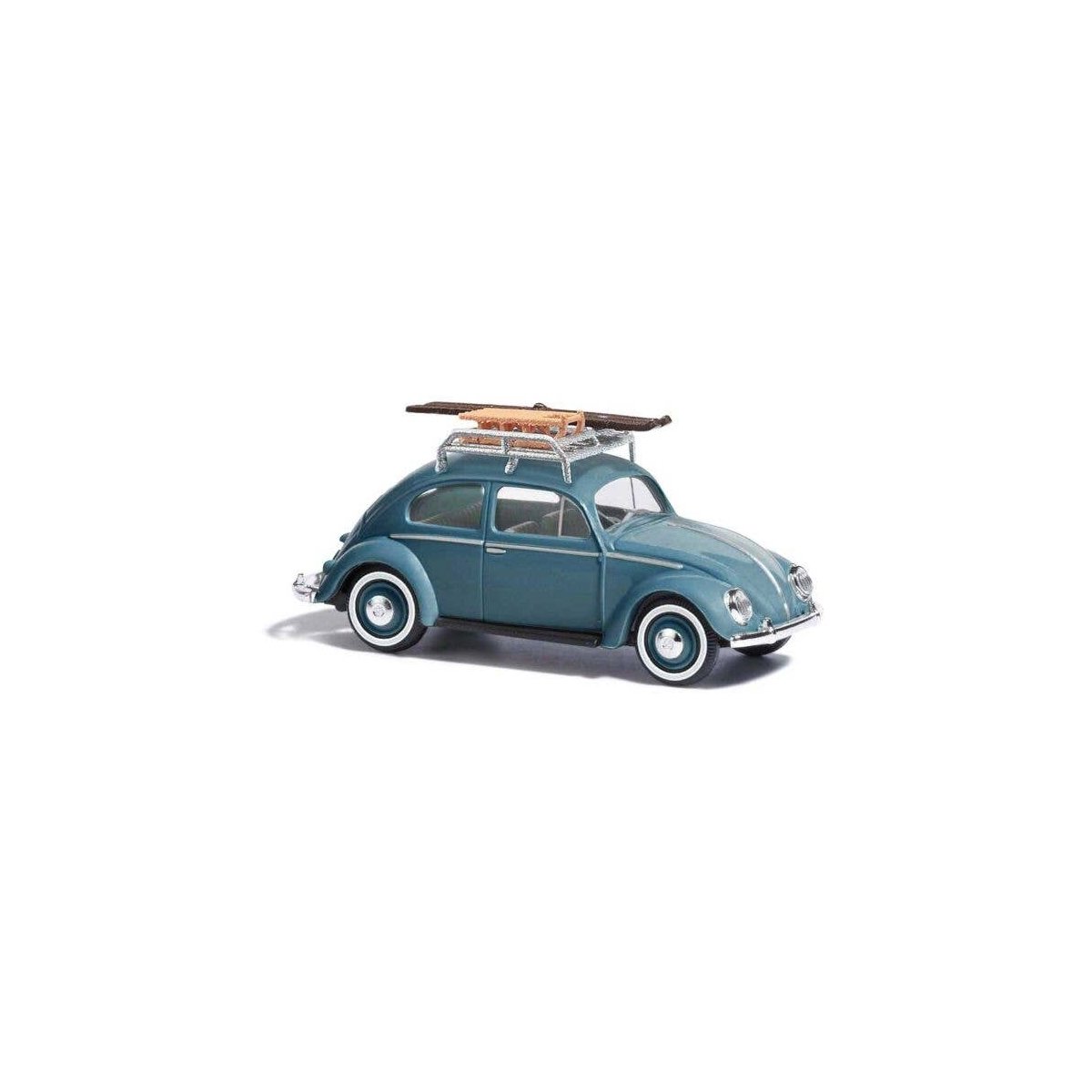 1952 Volkswagen Beetle with Pretzel-Split Rear Window - Assembled -- Blue (with Sled & Toboggan), HO, Busch Gmbh & Co Kg 52911