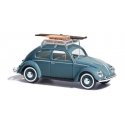 1952 Volkswagen Beetle with Pretzel-Split Rear Window - Assembled -- Blue (with Sled & Toboggan), HO, Busch Gmbh & Co Kg 52911