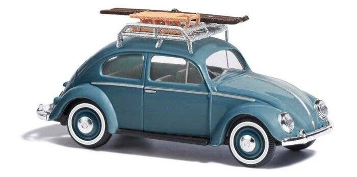 1952 Volkswagen Beetle with Pretzel-Split Rear Window - Assembled -- Blue (with Sled & Toboggan), HO, Busch Gmbh & Co Kg 52911