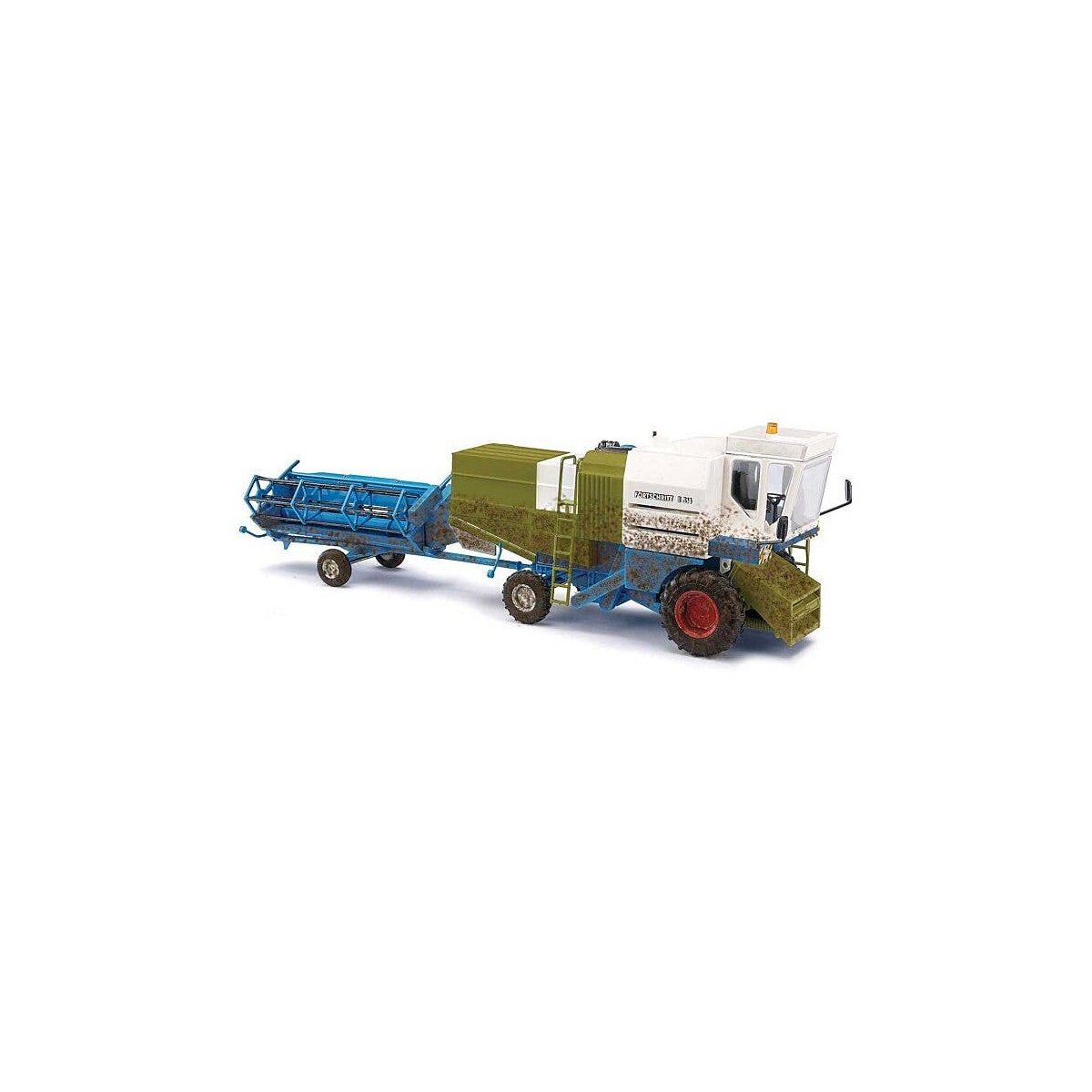 1982 Fortschritt E 514 Farm Combine Head, Trailer and Driver - Assembled -- White, Green, Blue, Red (weathered), HO, Busch Gmbh 
