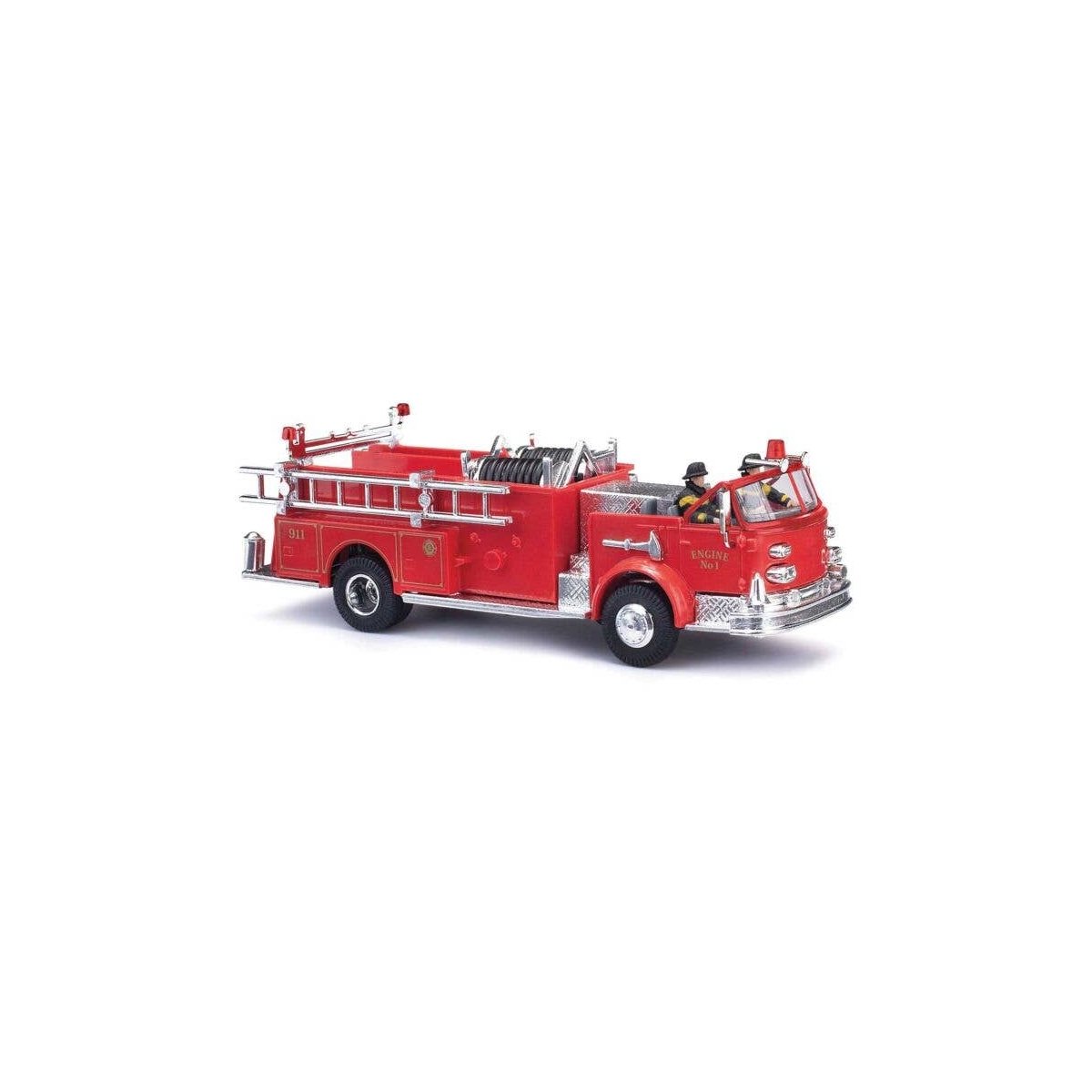 1968 American LaFrance Open-Cab Pumper w/2 Firemen - Assembled -- Red, Chrome, HO, Busch Gmbh & Co Kg 46032