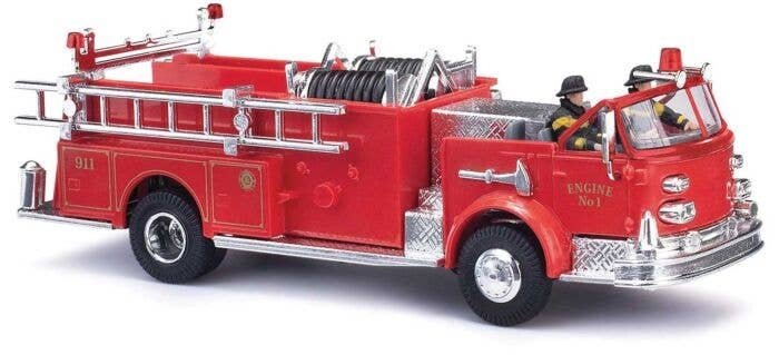 1968 American LaFrance Open-Cab Pumper w/2 Firemen - Assembled -- Red, Chrome, HO, Busch Gmbh & Co Kg 46032
