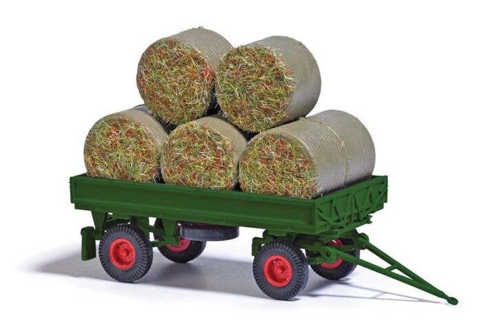 1985 IFA HW 60 Low-Side Farm Trailer w/Hay Bales - Assembled -- Dark Green, HO, Busch Gmbh & Co Kg 53009
