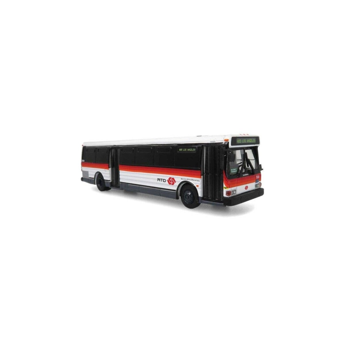 Grumman 870 Transit Bus - Assembled -- Los Angeles RTD (white, orange, yellow, black, Destination 485 Los Angeles), HO, Iconic R