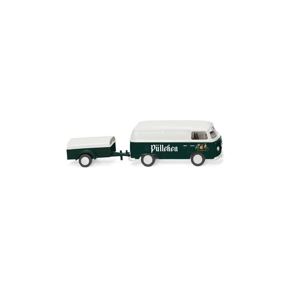 1967-1971 Volkswagen T2 Cargo Van with Trailer - Assembled -- Pulleken (green, white, German Lettering), HO, Wiking 30005