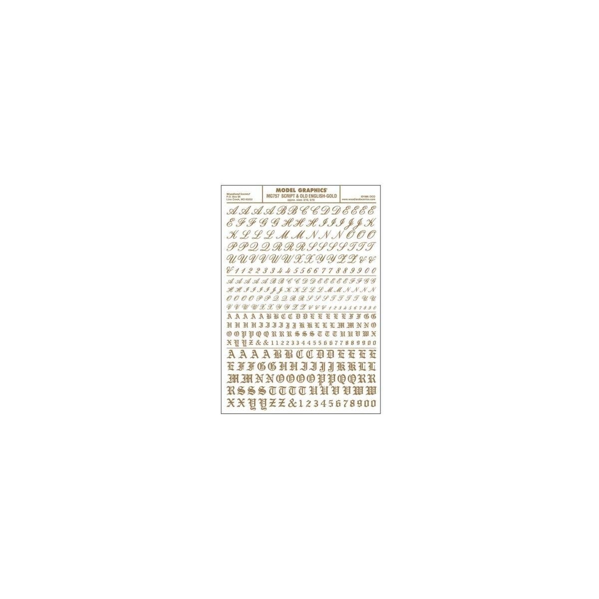 Dry Transfer Alphabet & Numbers - Script/Old English -- Gold, All Scales, Woodland Scenics 757