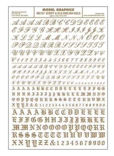 Dry Transfer Alphabet & Numbers - Script/Old English -- Gold, All Scales, Woodland Scenics 757