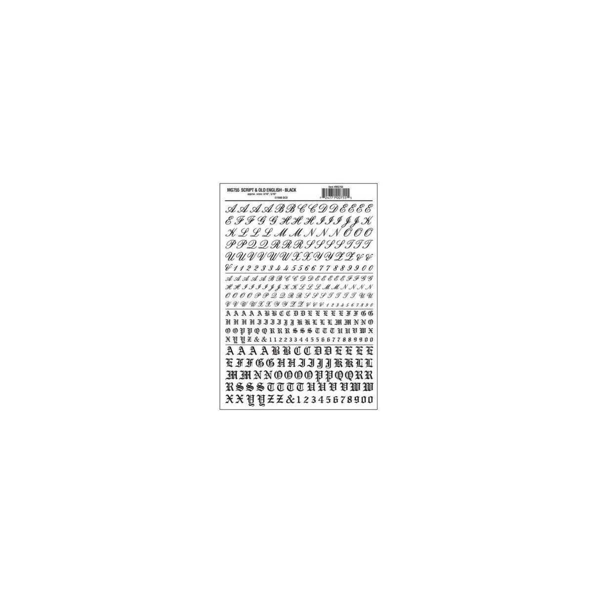 Dry Transfer Alphabet & Numbers - Script/Old English -- Black, All Scales, Woodland Scenics 755