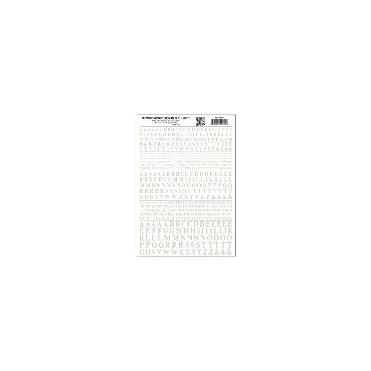 Dry Transfer Alphabet & Numbers - Condensed Railroad Roman -- White, All Scales, Woodland Scenics 719