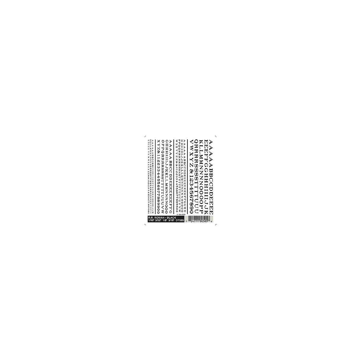 Dry Transfer Alphabet & Number Sets -- Railroad Roman Type Face (black), All Scales, Woodland Scenics 505