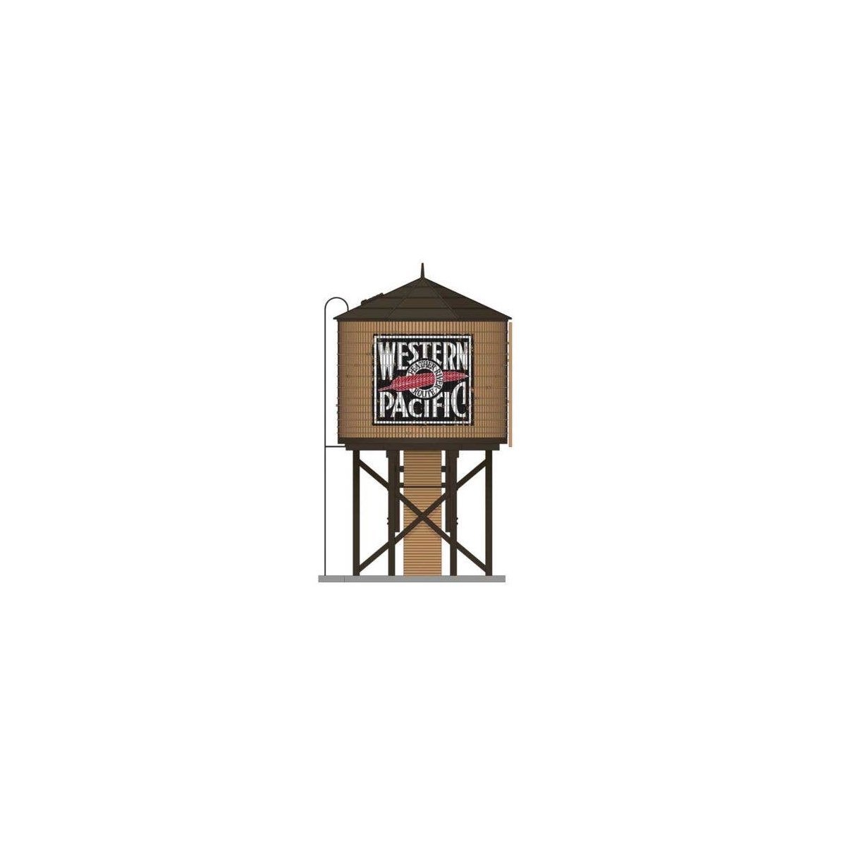 Operating Water Tower with Sound and Motorized Spout -- Assembled - Western Pacific (Weathered, brown, black, Feather River Logo