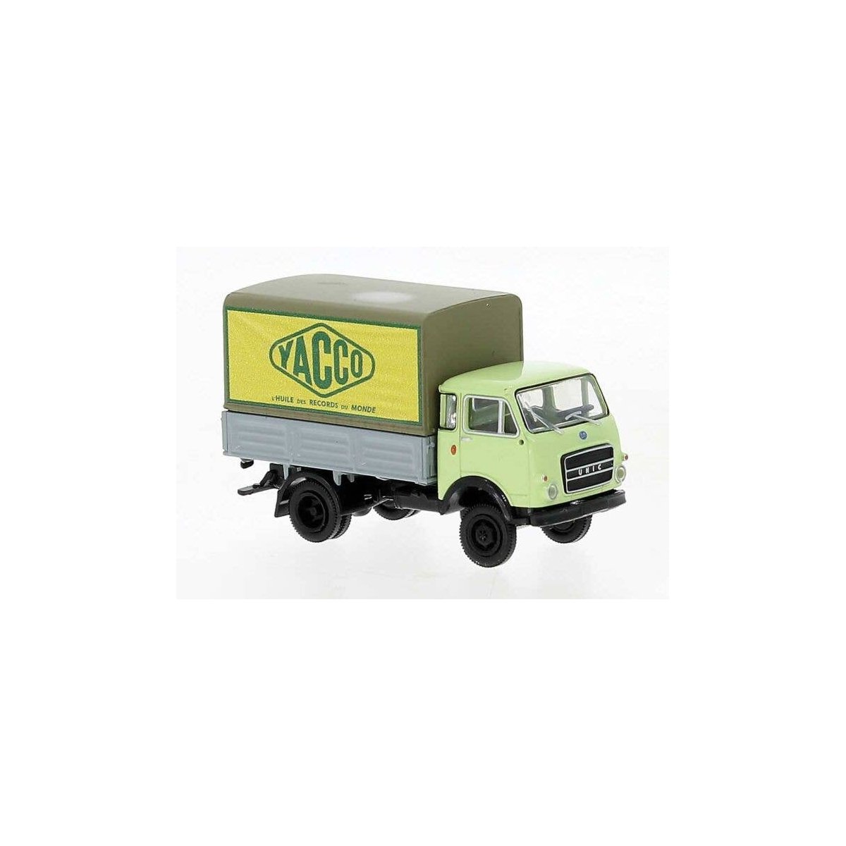 OM-UNIC 24c Low-Side Delivery Truck with Tarp - Assembled -- Yacco (green, gray, yellow, German Lettering), HO, Brekina Automode