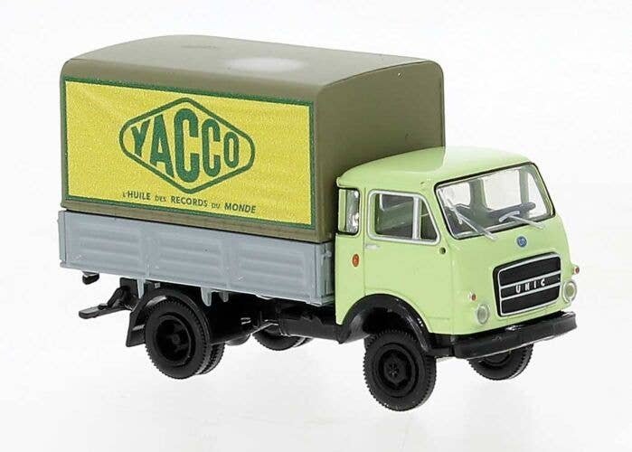 OM-UNIC 24c Low-Side Delivery Truck with Tarp - Assembled -- Yacco (green, gray, yellow, German Lettering), HO, Brekina Automode